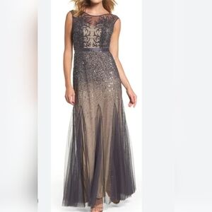 Adrianna Papell Long Beaded/sequins Gown, Sleeveless Sz 2 Gunmetal & Beige